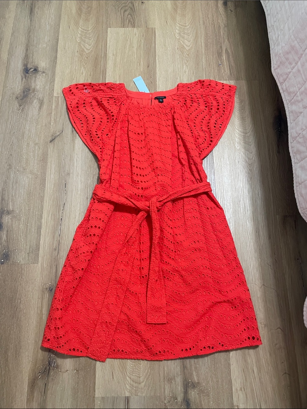 Ann Taylor Coral Red Eyelet Belted Mini Dress